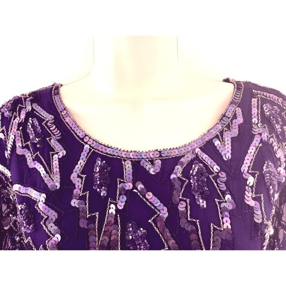 Carina Vintage Sequin Embellished Asymmetrical Silk Dress Size L Formal Event - Picture 3 of 9